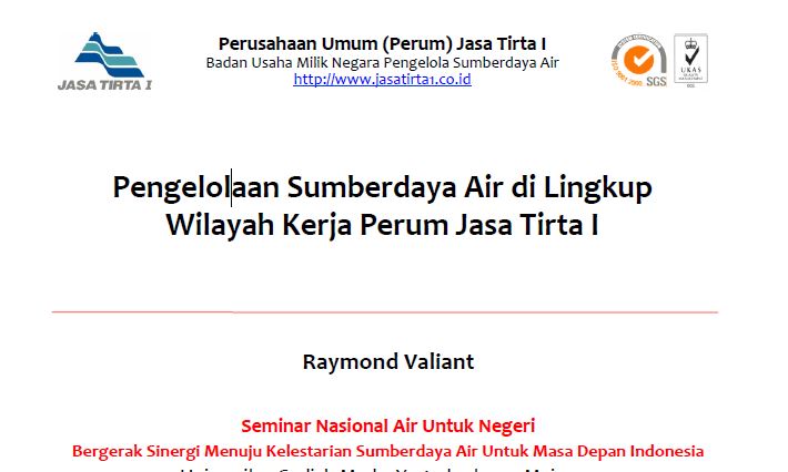 Pengelolaan Sumberdaya Air di Lingkup Wilayah Kerja Perum Jasa Tirta I